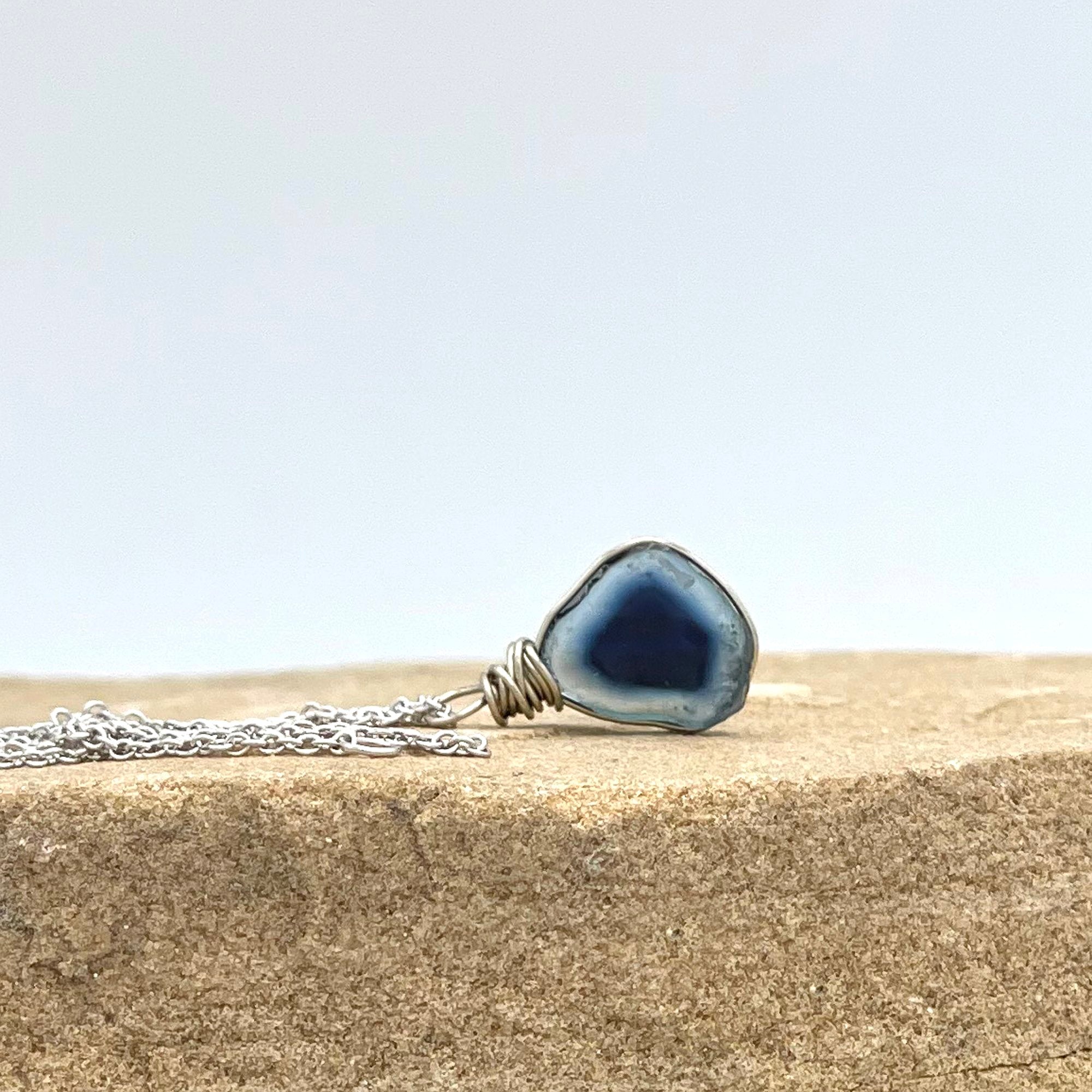 14K Blue Watermelon Tourmaline Slice Necklace, white gold, Minimalist