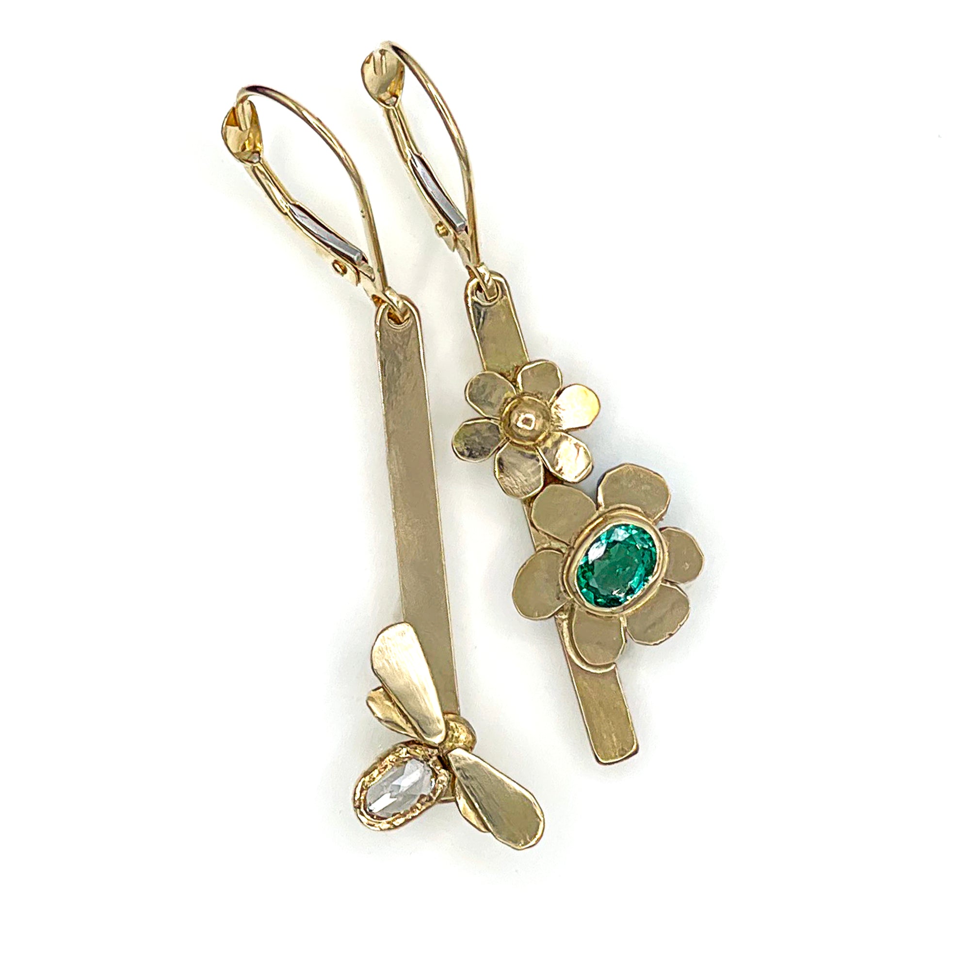 14K Diamond and Emerald Earrings, Bumblebee Earrings, Solid Gold