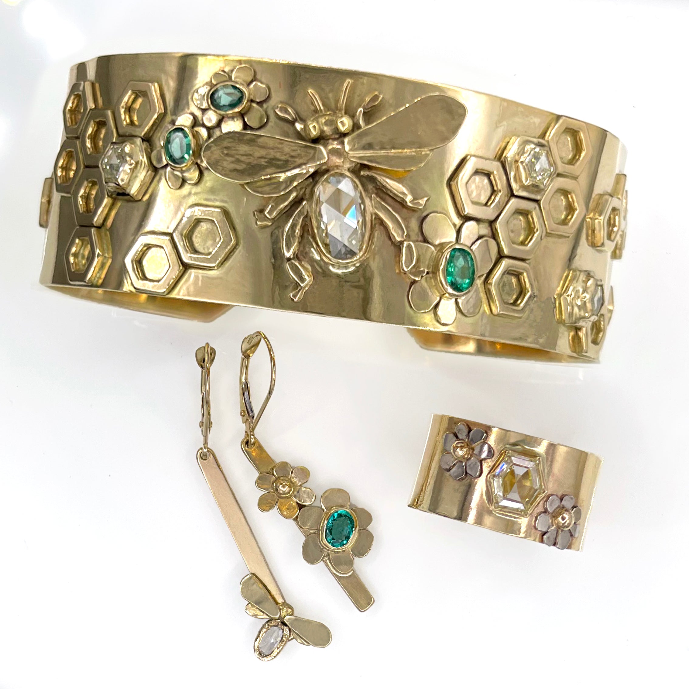 14K Diamond and Emerald Earrings, Bumblebee Earrings, Solid Gold