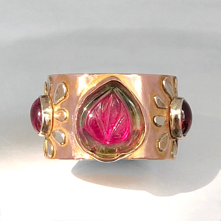 14K Watermelon Tourmaline Ring, Solid Rose Gold Wide Ring, One of a kind