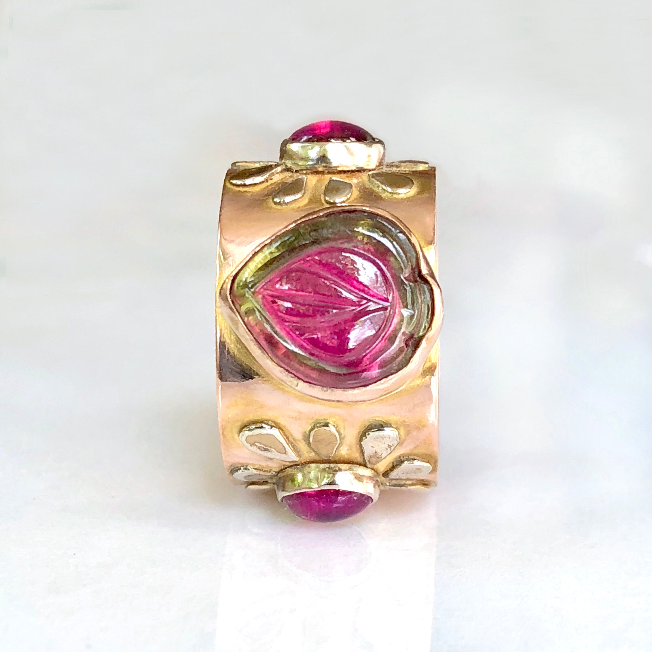 14K Watermelon Tourmaline Ring, Solid Rose Gold Wide Ring, One of a kind