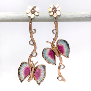 14K Tourmaline Butterfly and Diamond Earrings, Solid Rose Gold, One of a Kind Jewelry
