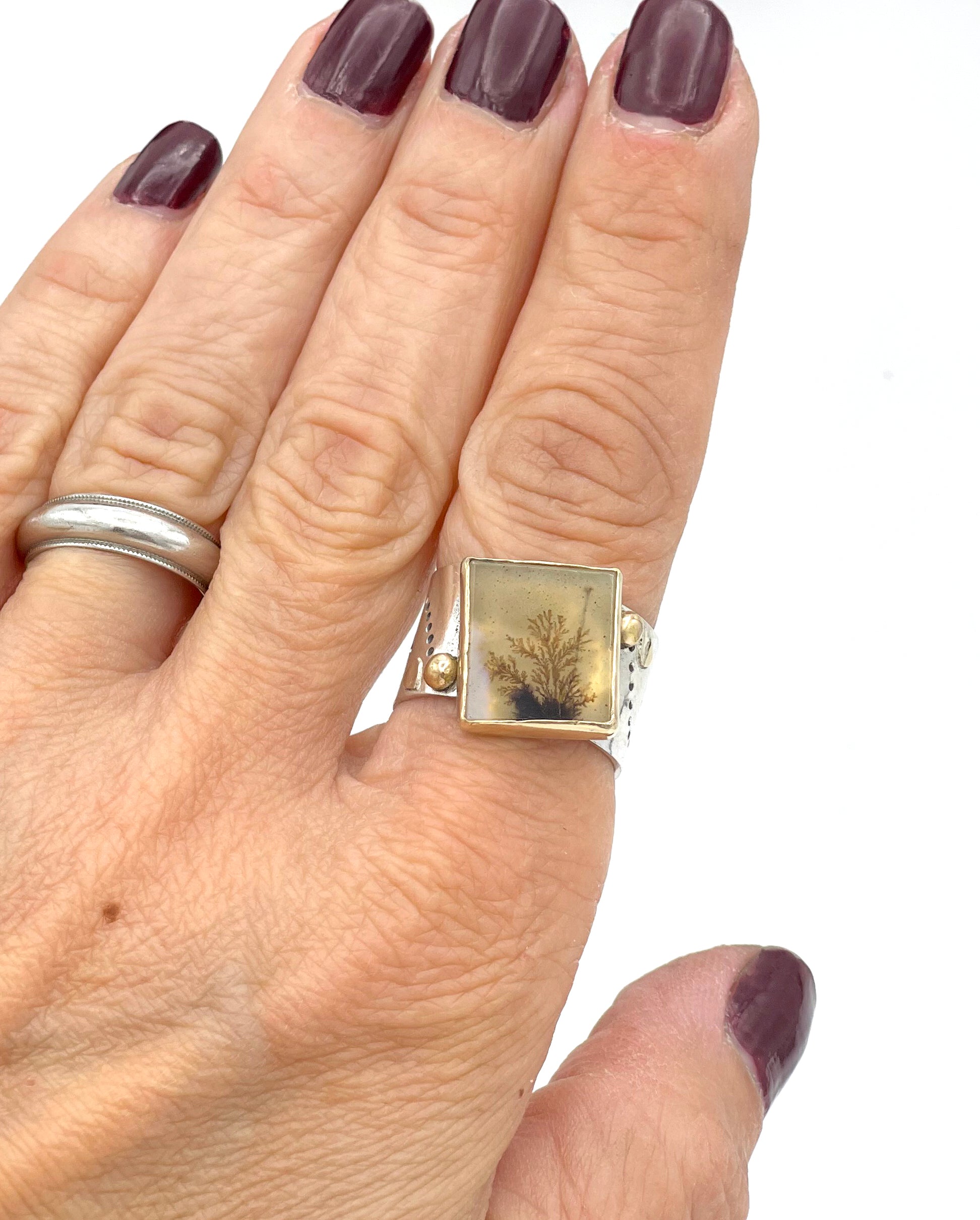 Dendritic Agate Ring, Wide Band 14K and Sterling Ring, One of a Kind