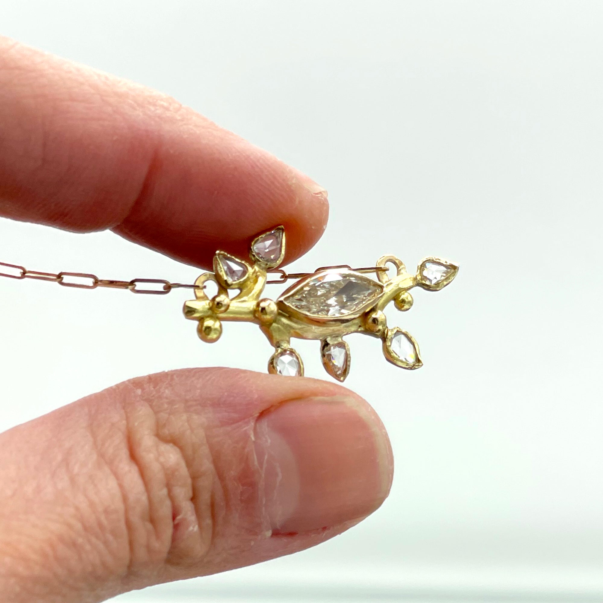 14K Diamond Necklace, Diamond Leaf Necklace, Solid Gold, One of a Kind