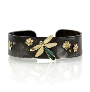 Tourmaline Dragonfly Cuff Bracelet, Sterling and 14K Solid Gold, One of a Kind