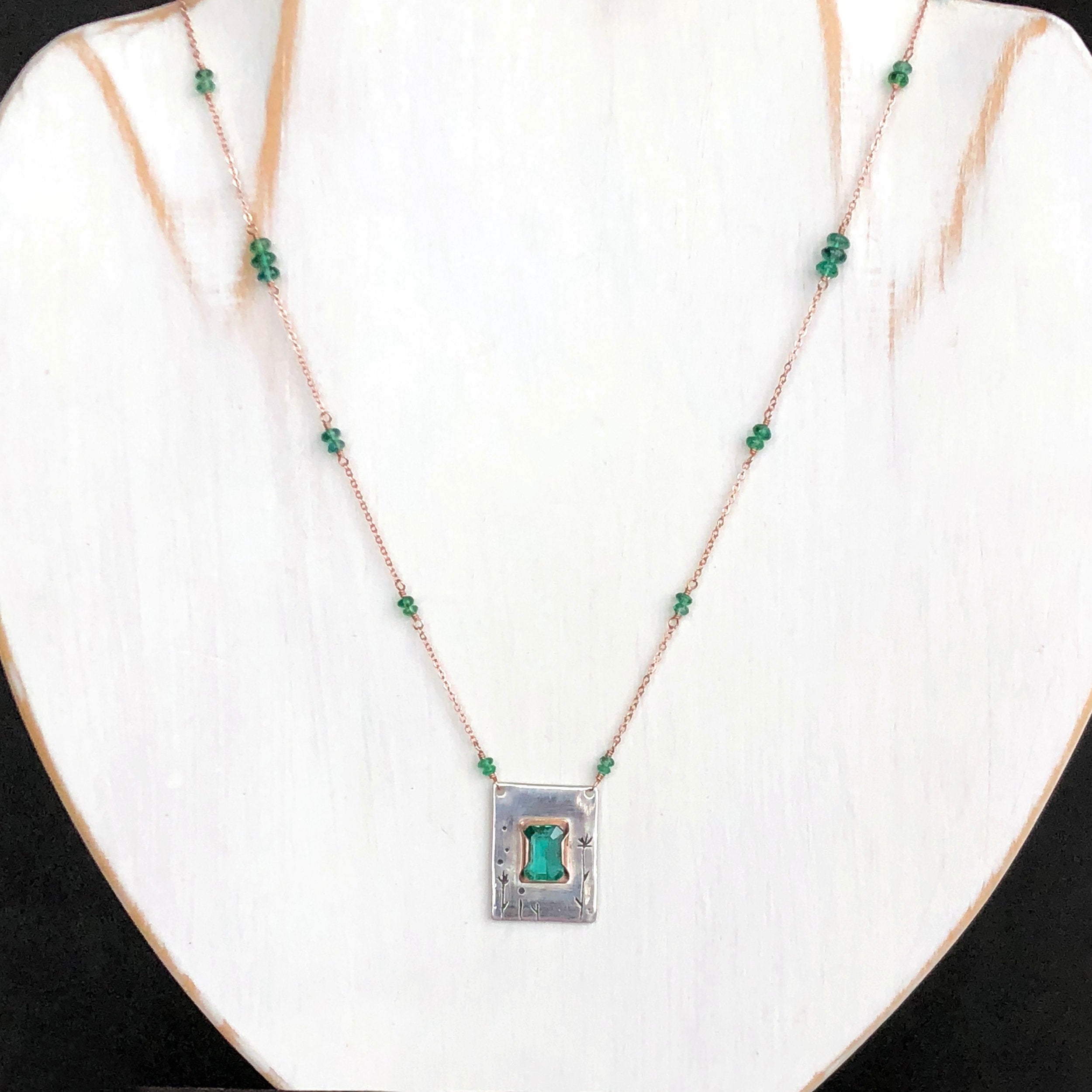 14K Emerald Necklace, Hand Etched Necklace, May Birthstone, Solid Gold Silver