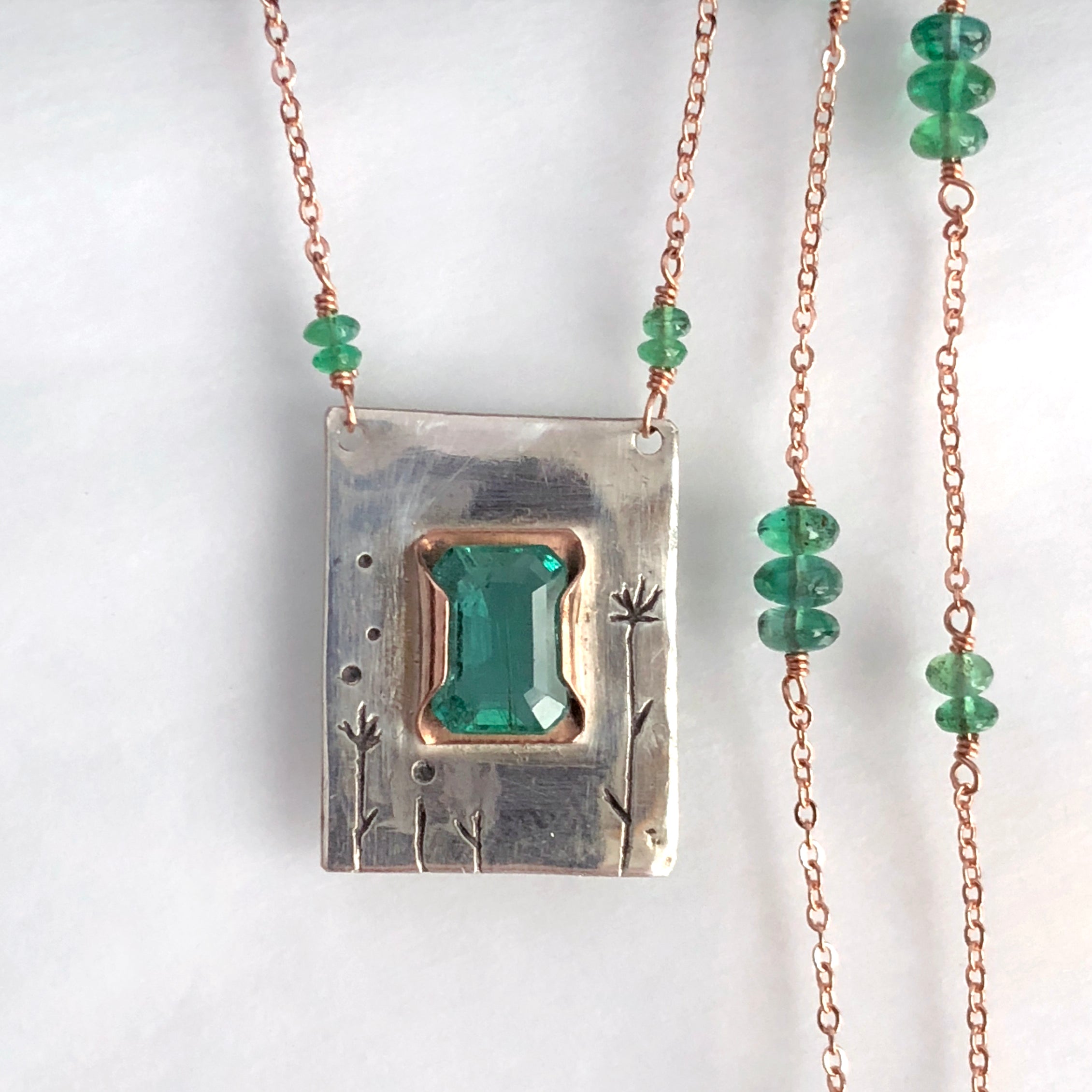 14K Emerald Necklace, Hand Etched Necklace, May Birthstone, Solid Gold Silver
