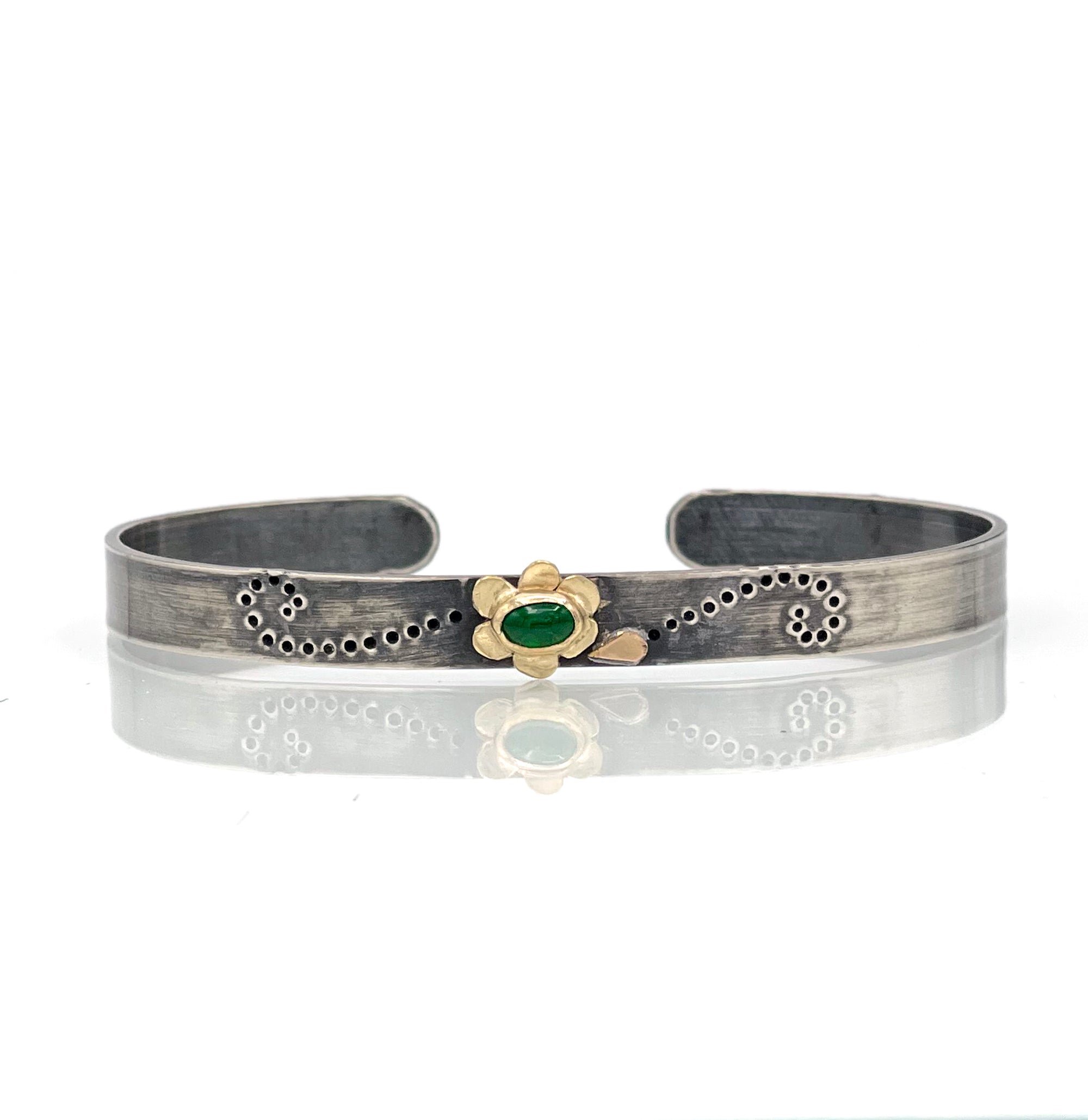 Emerald Bracelet, Sterling Silver 14K Solid Gold Flower Bracelet, One of a Kind