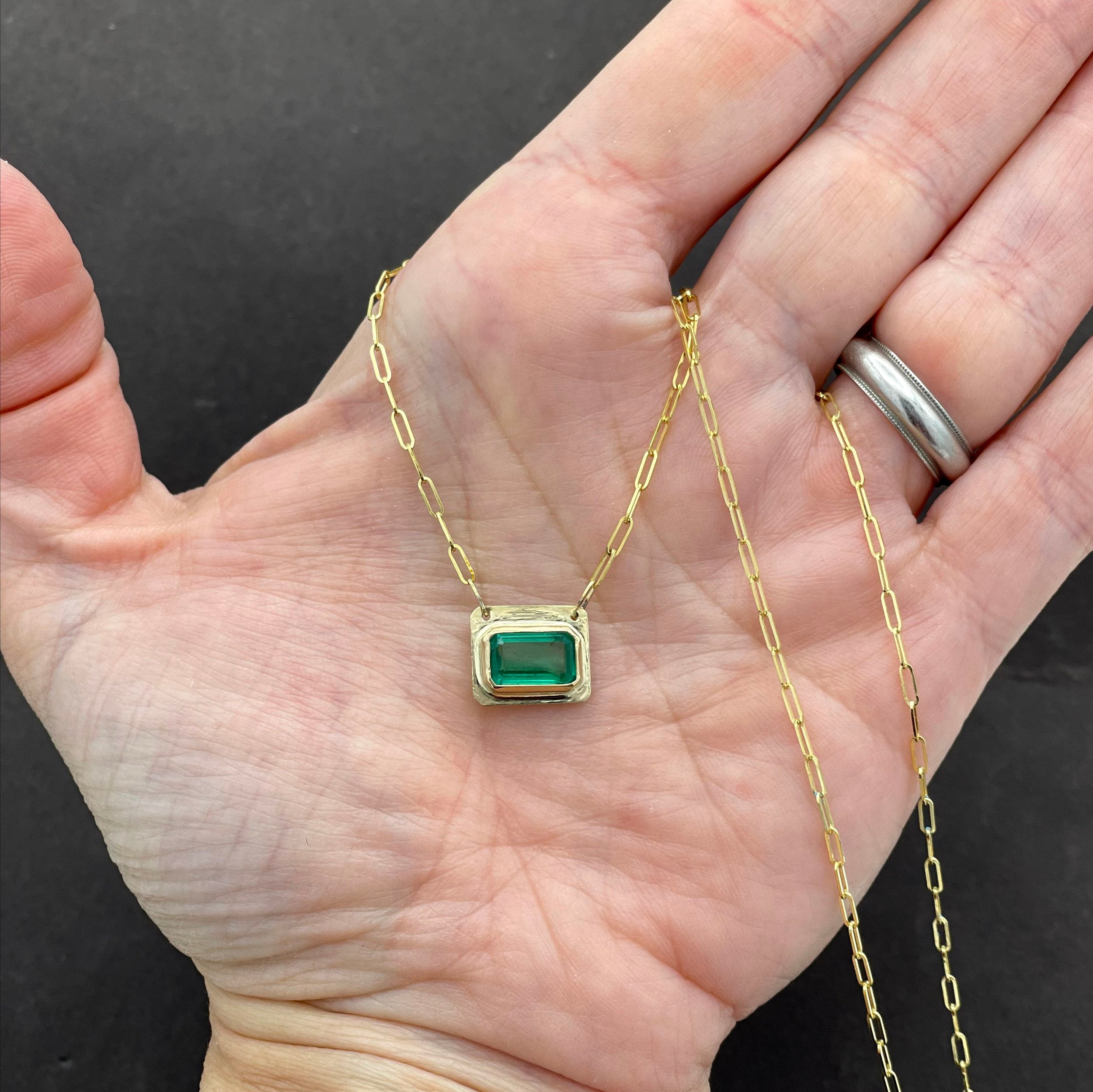 14K Emerald Necklace, Bar Necklace, Solid Yellow Gold, May Birthstone