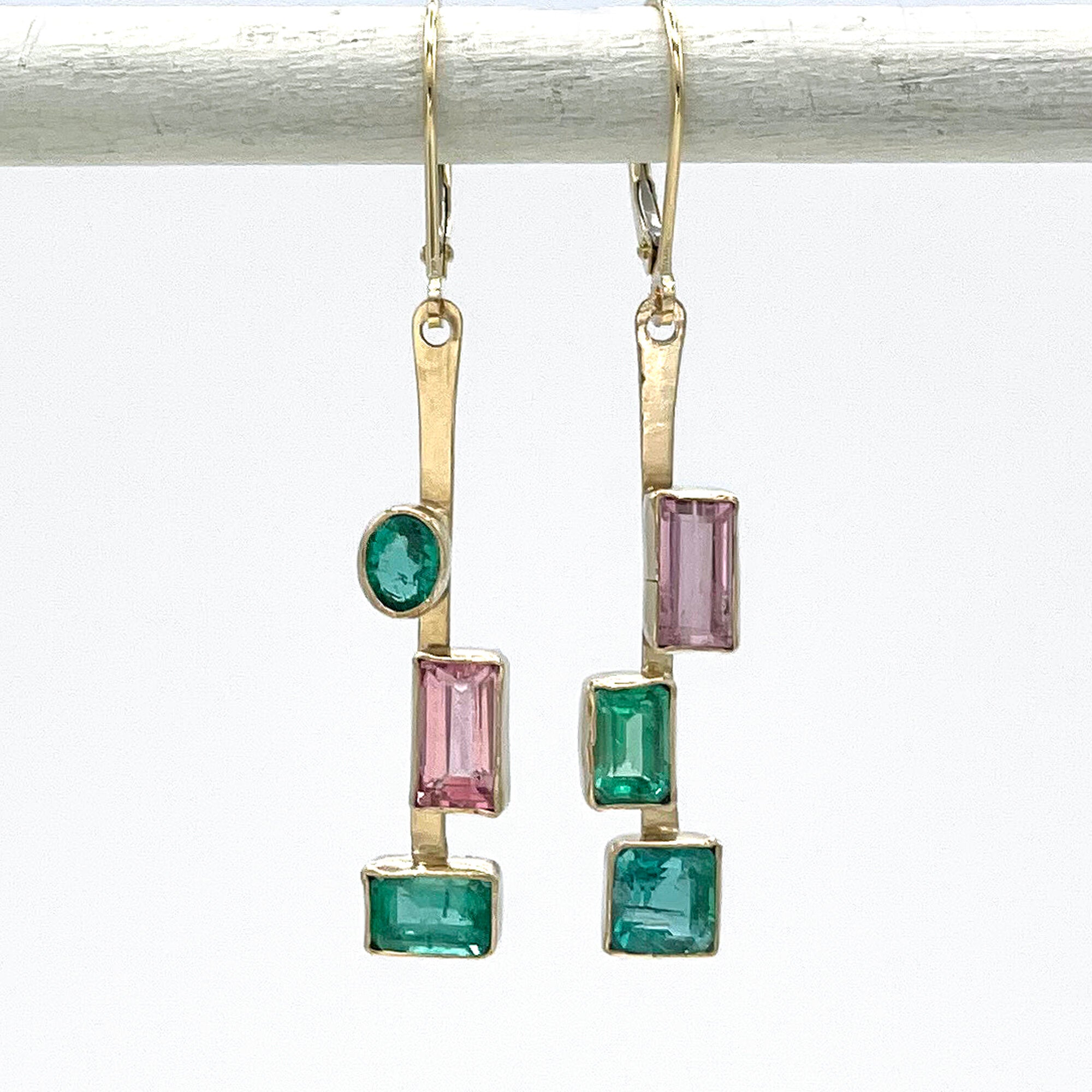 14K Emerald Tourmaline Earrings, Asymmetrical Earrings, SOLID Gold