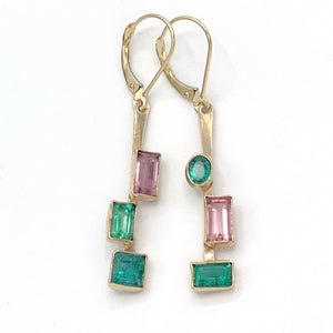 14K Emerald Tourmaline Earrings, Asymmetrical Earrings, SOLID Gold