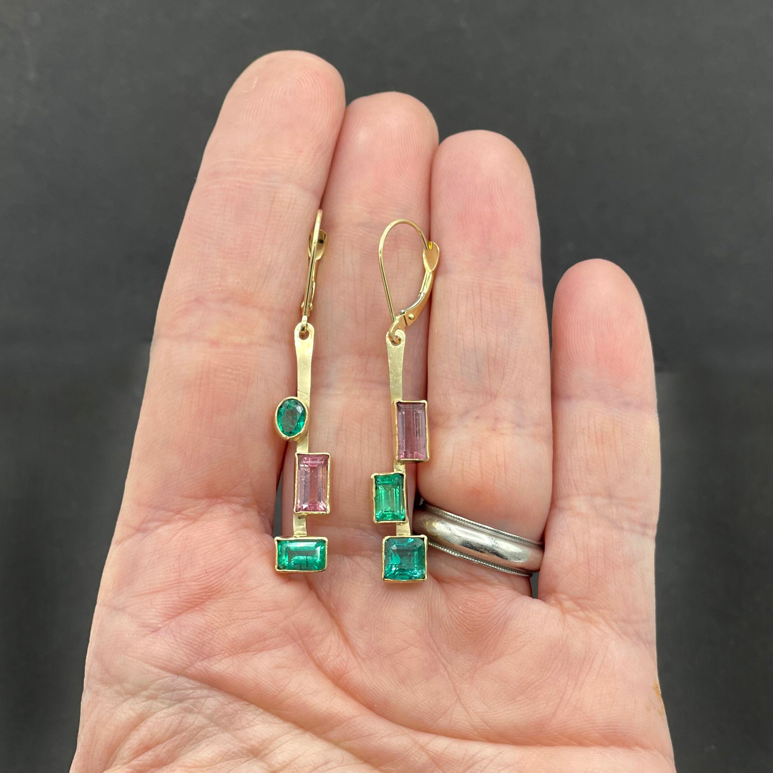 14K Emerald Pink Tourmaline  Earrings, Asymmetrical Earrings, SOLID Gold