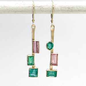 14K Emerald Pink Tourmaline  Earrings, Asymmetrical Earrings, SOLID Gold