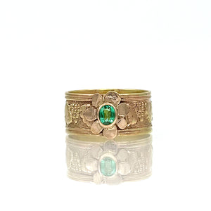 14K Emerald Ring, Victorian Wide Band, Rose Gold One of a Kind Flower Ring