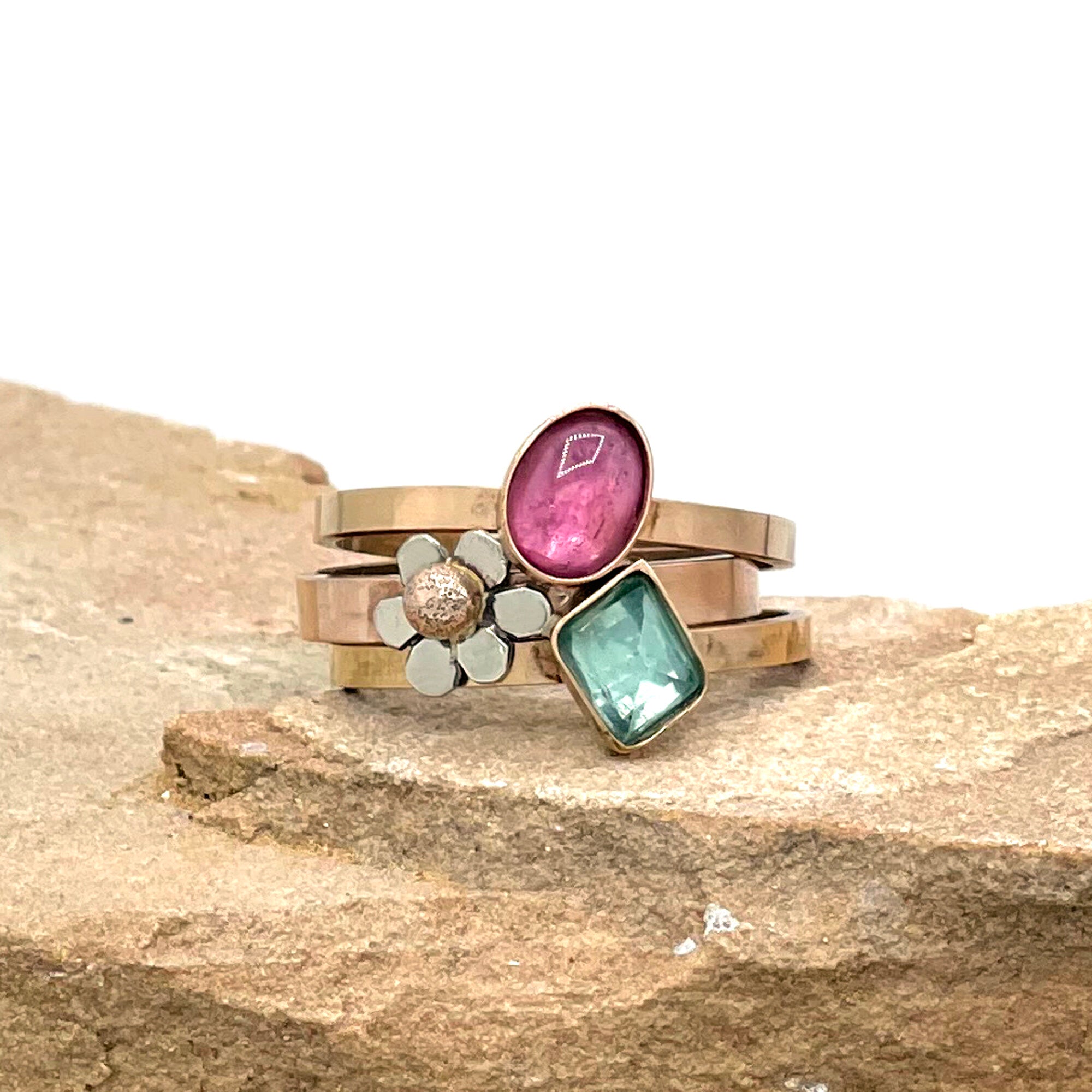 14K Tourmaline Ring Set, Stacking Flower Rings, Rose gold, One of a kind