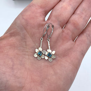14K Blue Tourmaline Flower Earrings,  White Gold Floral Earrings