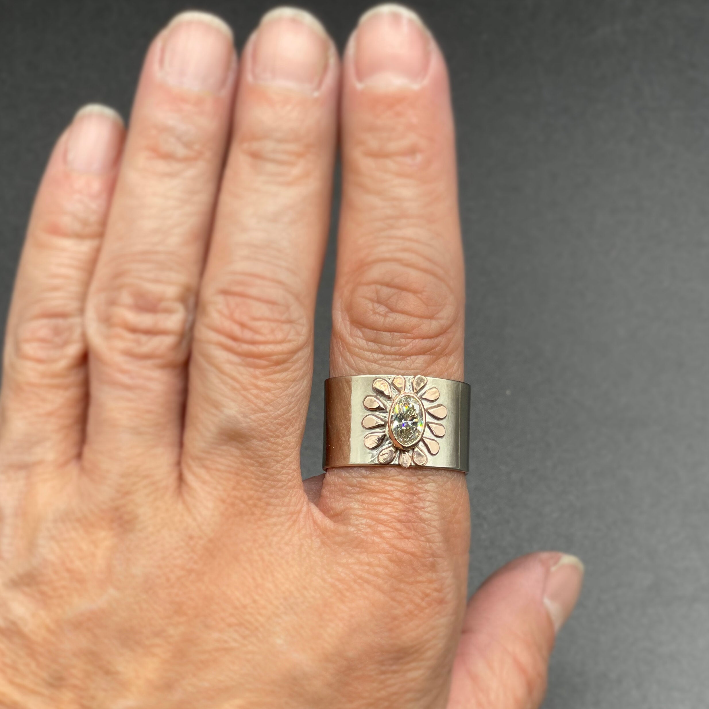 14K Diamond Flower Ring, Solid White Gold Diamond Wide Band Ring