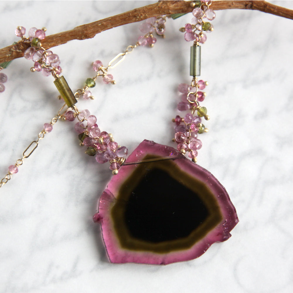 Watermelon Tourmaline Slice Necklace, 14K Solid Gold, One of a Kind