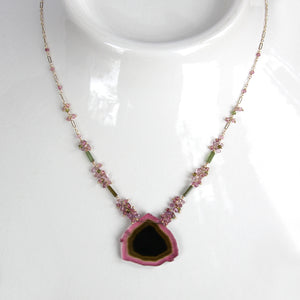 Watermelon Tourmaline Slice Necklace, 14K Solid Gold, One of a Kind