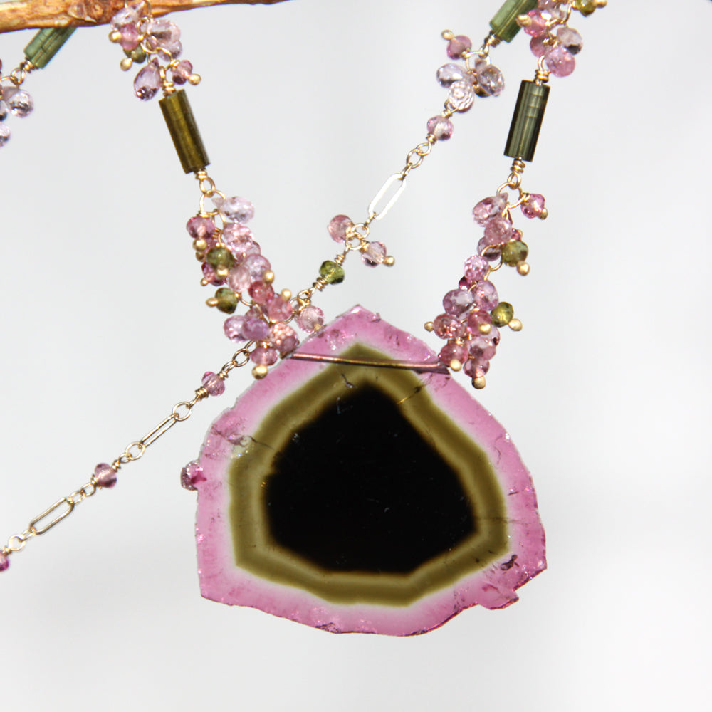 Watermelon Tourmaline Slice Necklace, 14K Solid Gold, One of a Kind