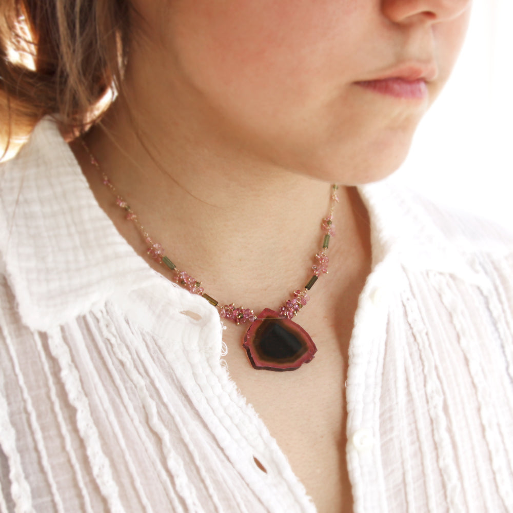 Watermelon Tourmaline Slice Necklace, 14K Solid Gold, One of a Kind