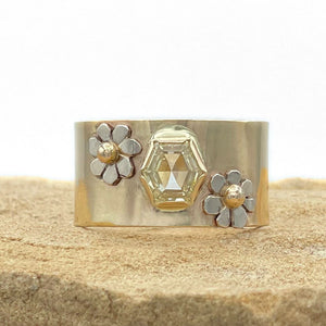 14K Hexagon Diamond Flower Ring, Yellow Diamond ring, Solid gold One of a Kind