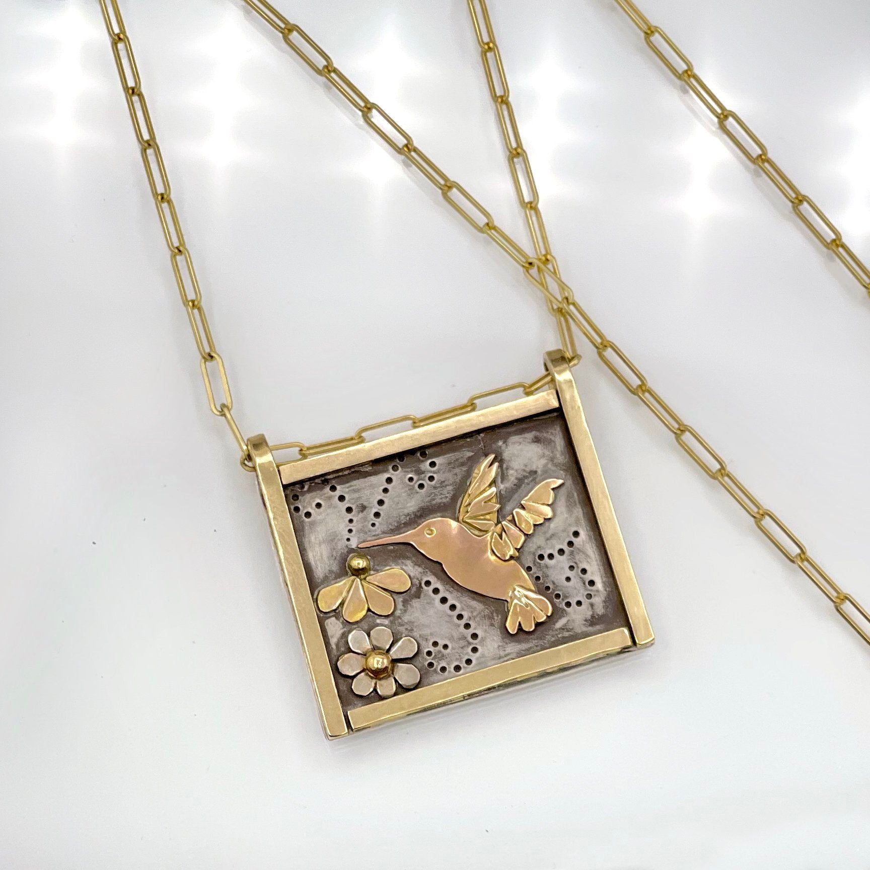 14K Hummingbird Necklace, Solid Yellow gold Sterling Silver, One of a kind