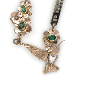 14K Hummingbird Necklace, Diamond Emerald Necklace, Poem Necklace