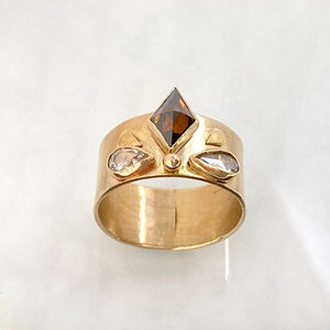 14K Cognac Diamond Trio Ring, Three Diamond Ring, One of a Kind, SOLID Gold
