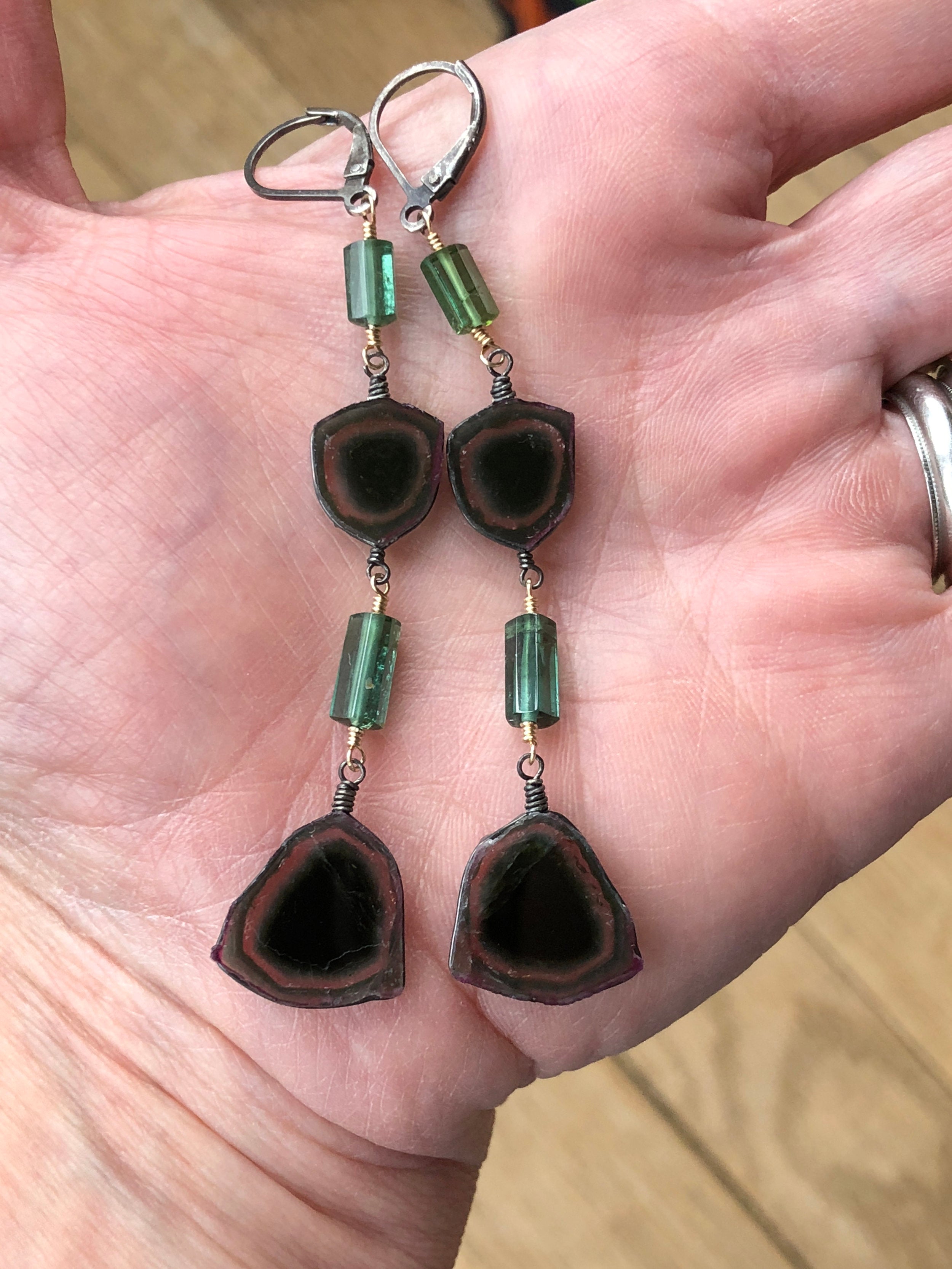 Watermelon Tourmaline Earrings, Long Earrings, Sterling and 14K Solid Gold