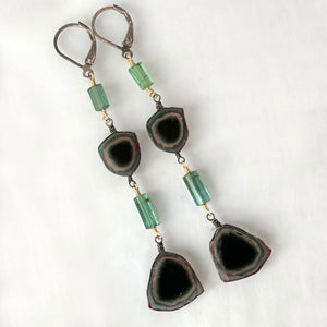 Watermelon Tourmaline Earrings, Long Earrings, Sterling and 14K Solid Gold