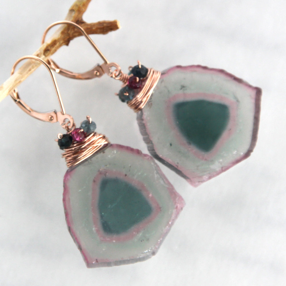 14K Tourmaline Slice Earrings, Solid Gold, One of a Kind