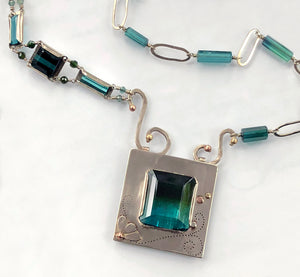 14K Bicolor Blue Green Tourmaline Necklace, White Gold, One of a Kind