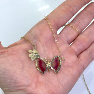 14K Tourmaline Butterfly Necklace, Solid Yellow Gold Necklace, One of a Kind