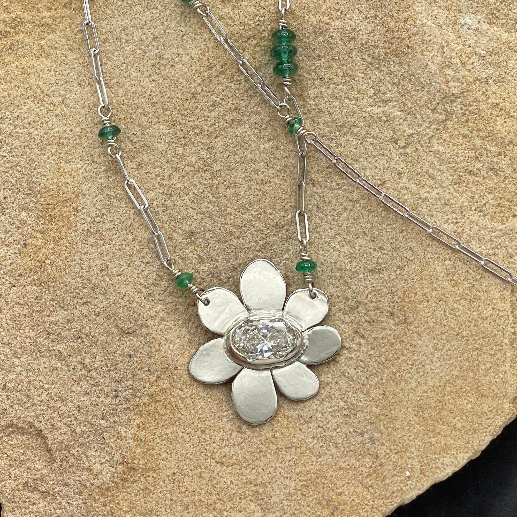 14K Diamond Flower Necklace, 1 ct GIA Diamond Solid White gold and Emerald