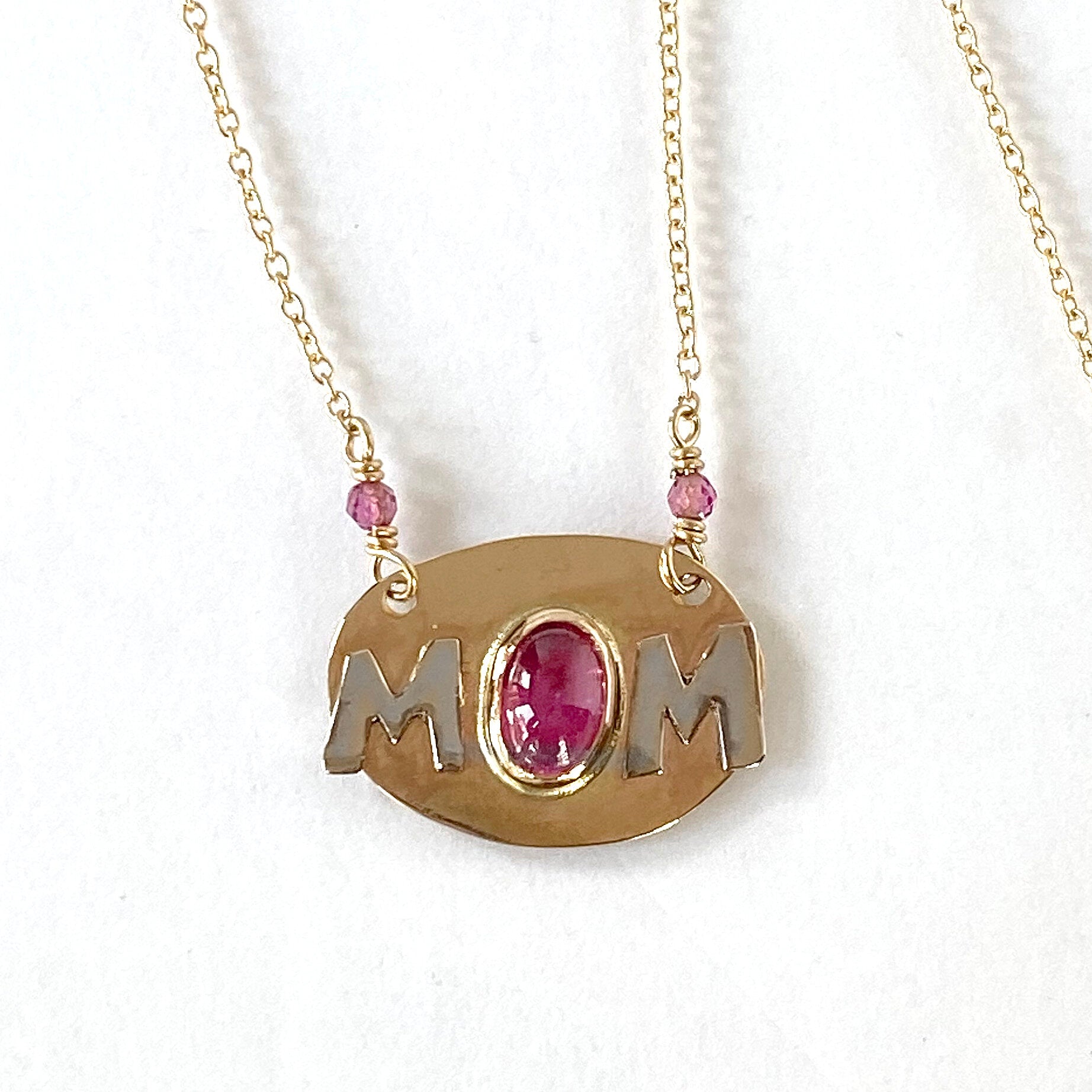 14K MOM Necklace Rubellite Tourmaline, SOLID Yellow Gold, One of a kind