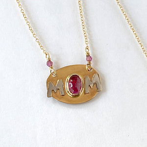 14K MOM Necklace Rubellite Tourmaline, SOLID Yellow Gold, One of a kind