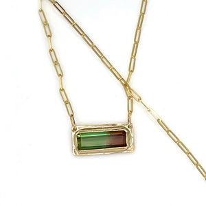 14K Bicolor Red Green Tourmaline Necklace, Bar Necklace, Solid Yellow Gold