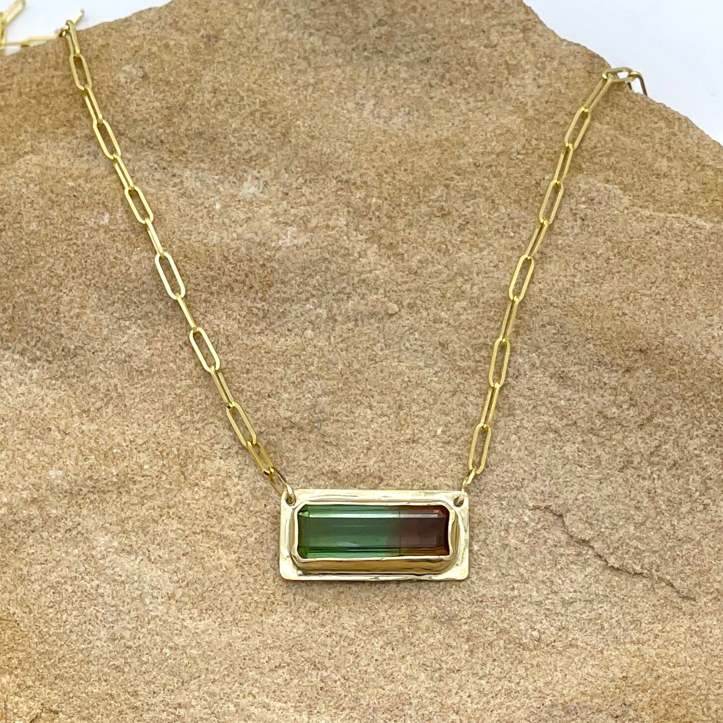 14K Bicolor Red Green Tourmaline Necklace, Bar Necklace, Solid Yellow Gold