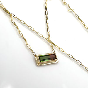 14K Bicolor Red Green Tourmaline Necklace, Bar Necklace, Solid Yellow Gold