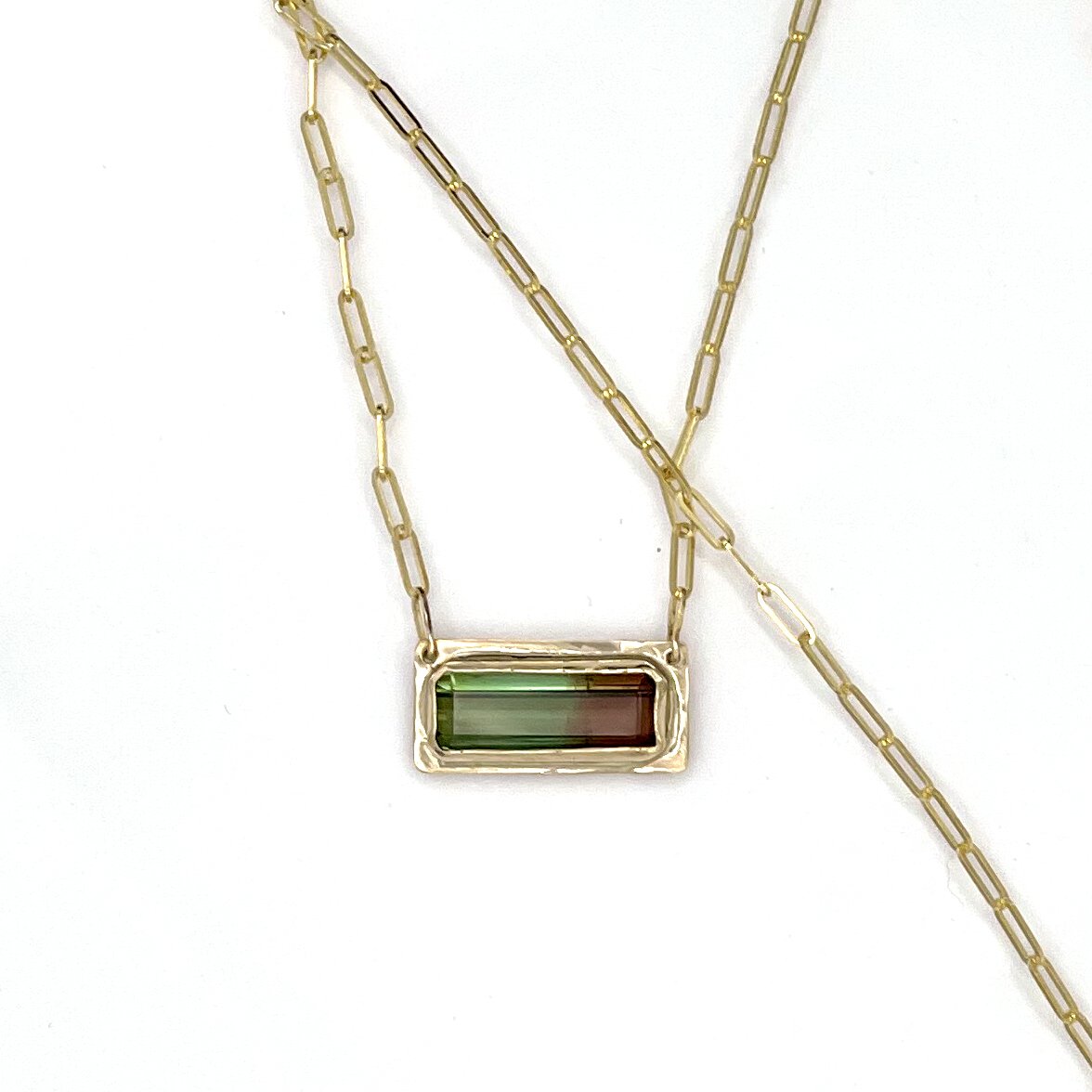 14K Bicolor Red Green Tourmaline Necklace, Bar Necklace, Solid Yellow Gold