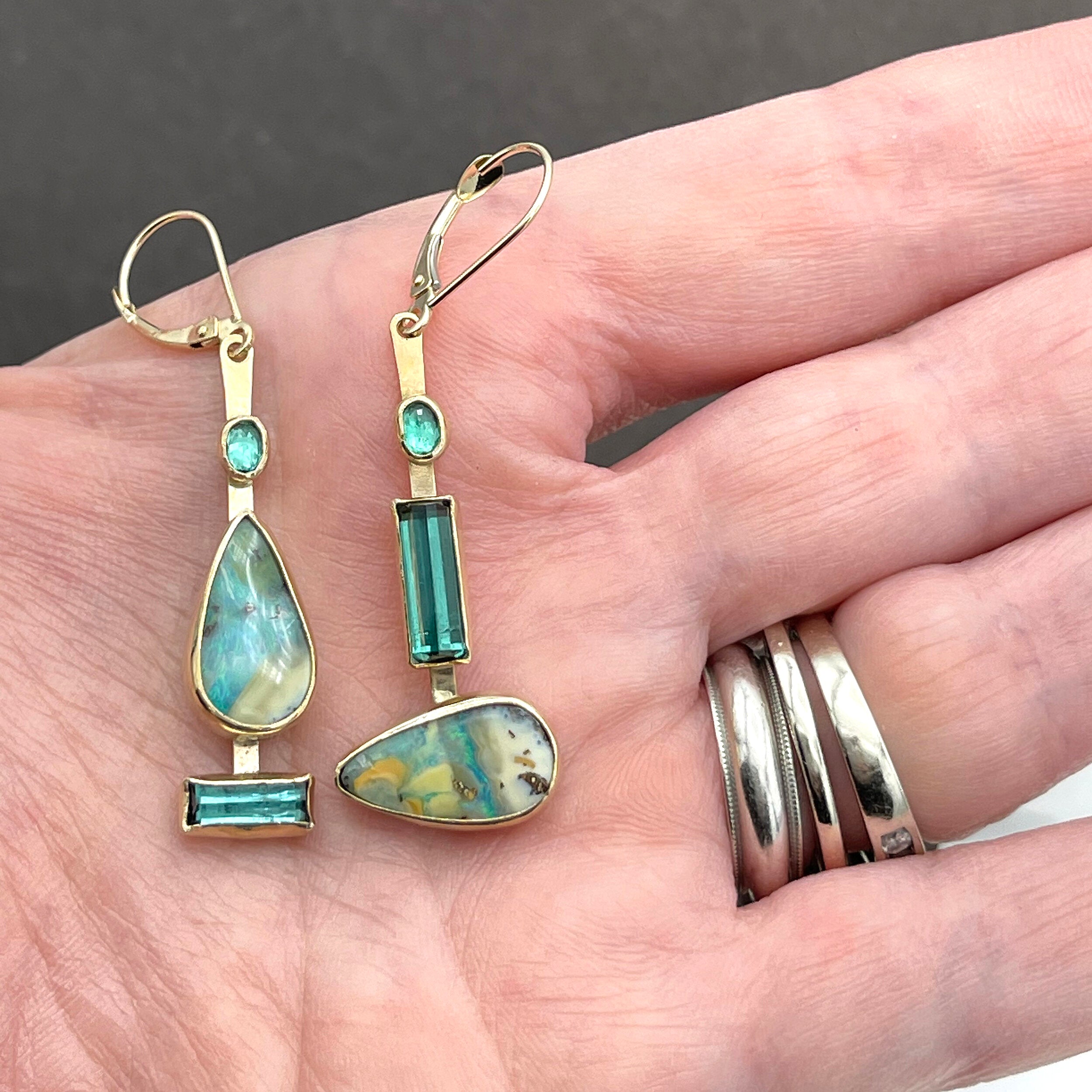 14K Opal and Tourmaline Earrings, Blue Tourmaline, Emerald, Solid Gold
