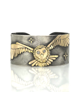 Diamond Eye Owl Cuff Bracelet, One of a Kind, 14K Solid Gold and Sterling