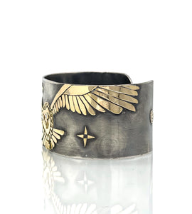 Diamond Eye Owl Cuff Bracelet, One of a Kind, 14K Solid Gold and Sterling