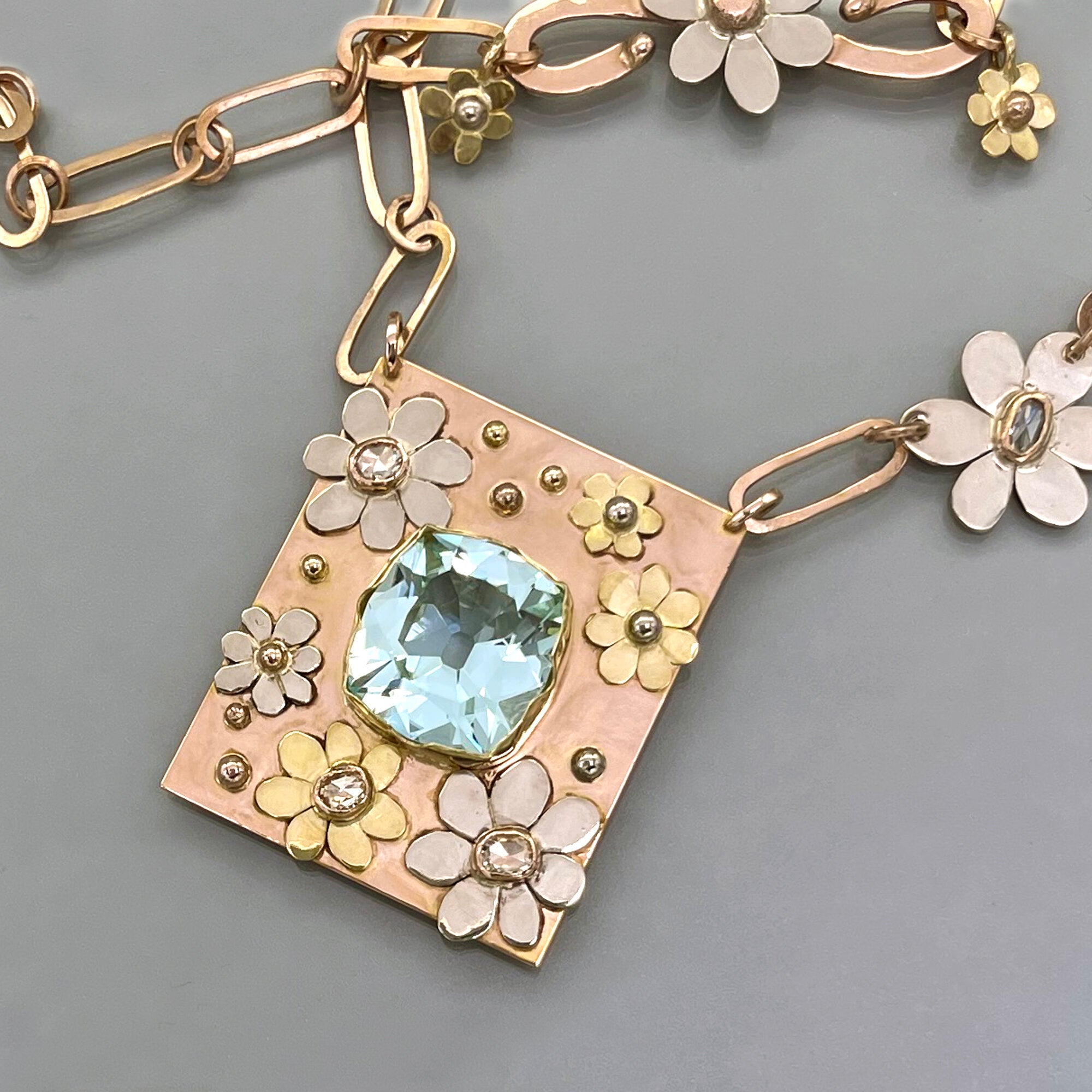 14K Paraiba Tourmaline Necklace, Solid Rose Gold with Diamond Floral Accents