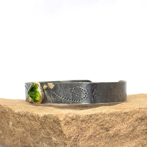 Peridot Cuff Bracelet, Botanical Bracelet, Sterling Silver and 14K Solid Gold