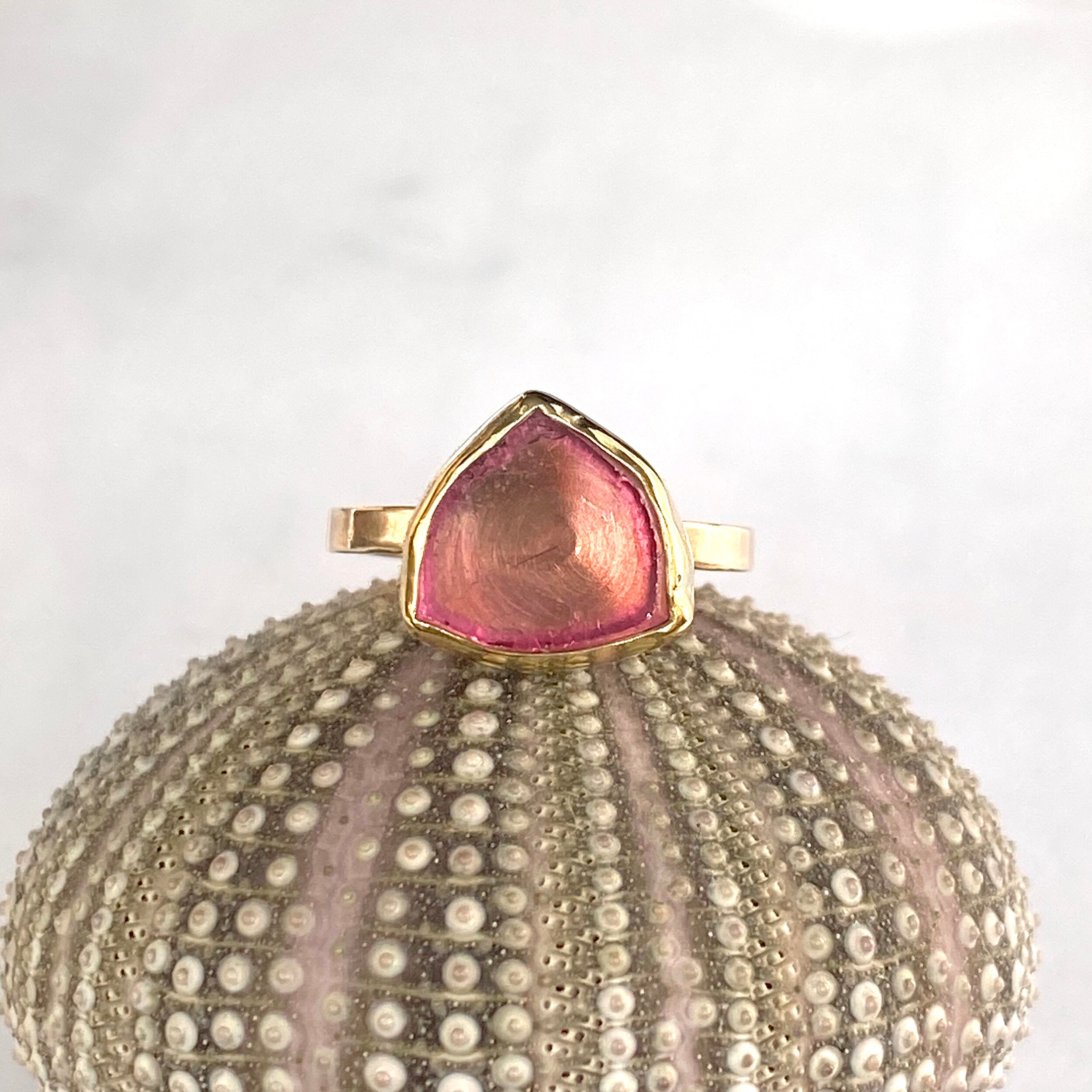 14K Pink Watermelon Tourmaline Slice Ring, stacking ring, SOLID Gold