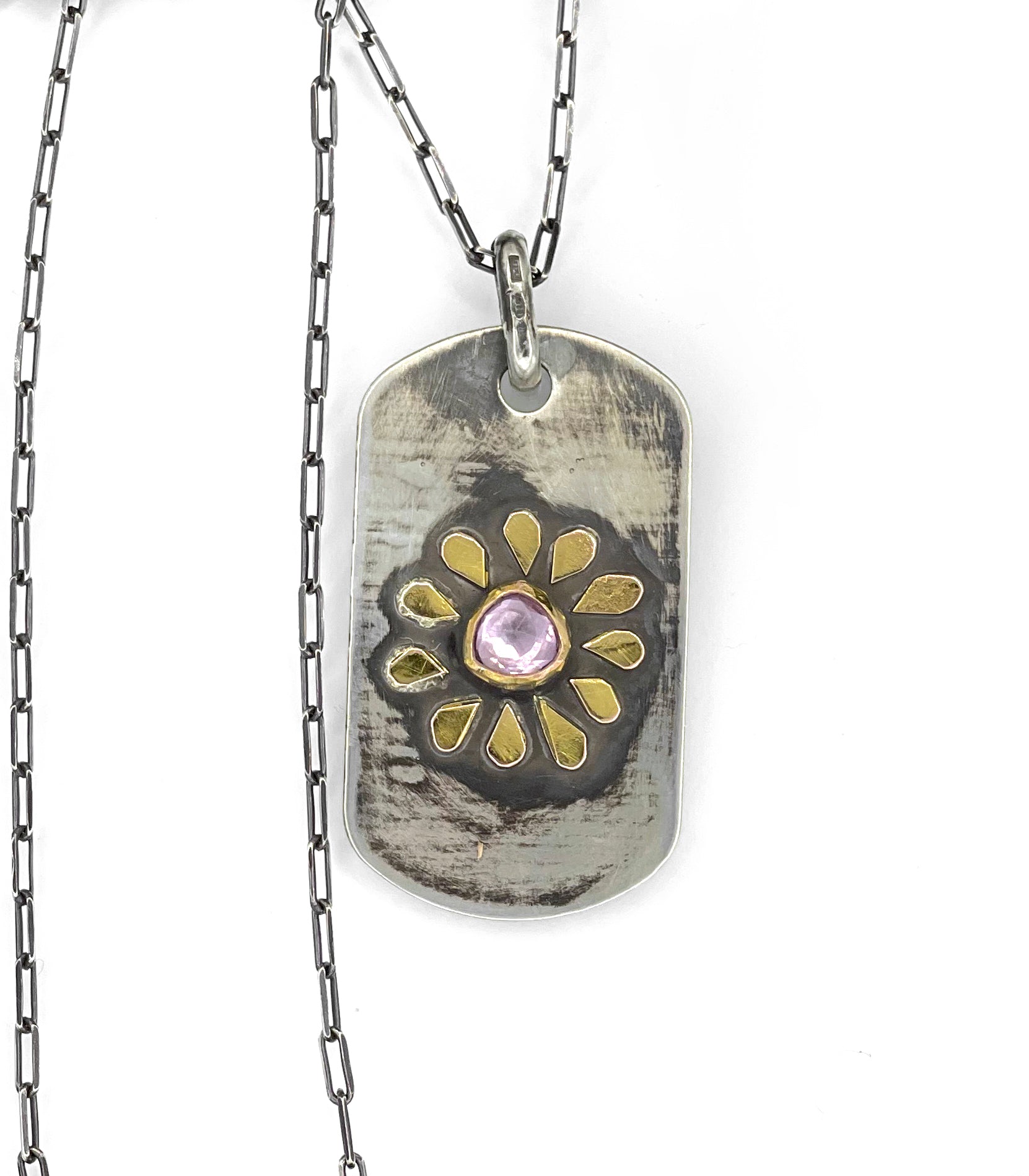 Pink Sapphire Dog Tag Necklace, Flower Necklace, Sterling Silver 14K Solid Gold