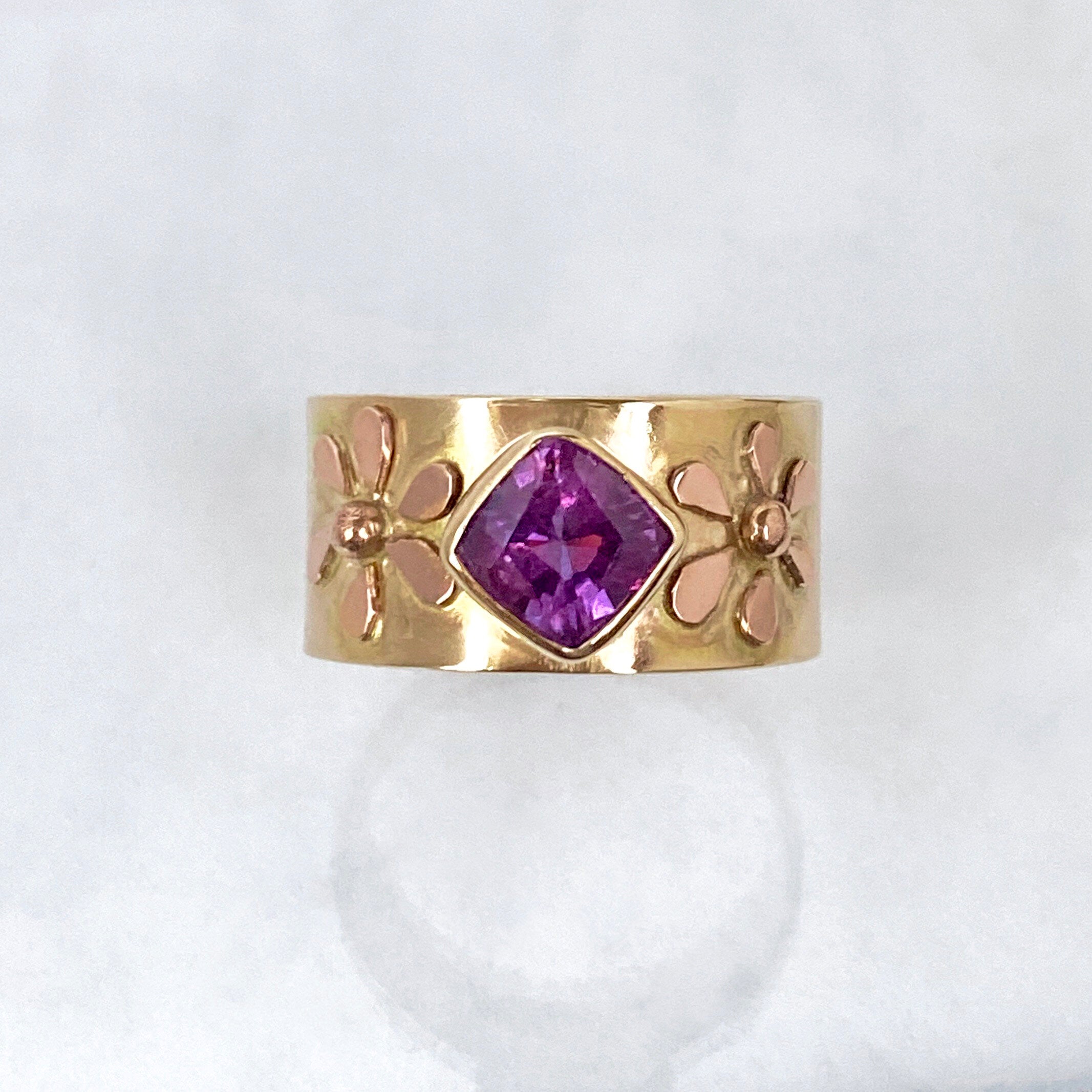 14K Sapphire Ring, Purple Sapphire Wide Flower Ring, One of a Kind