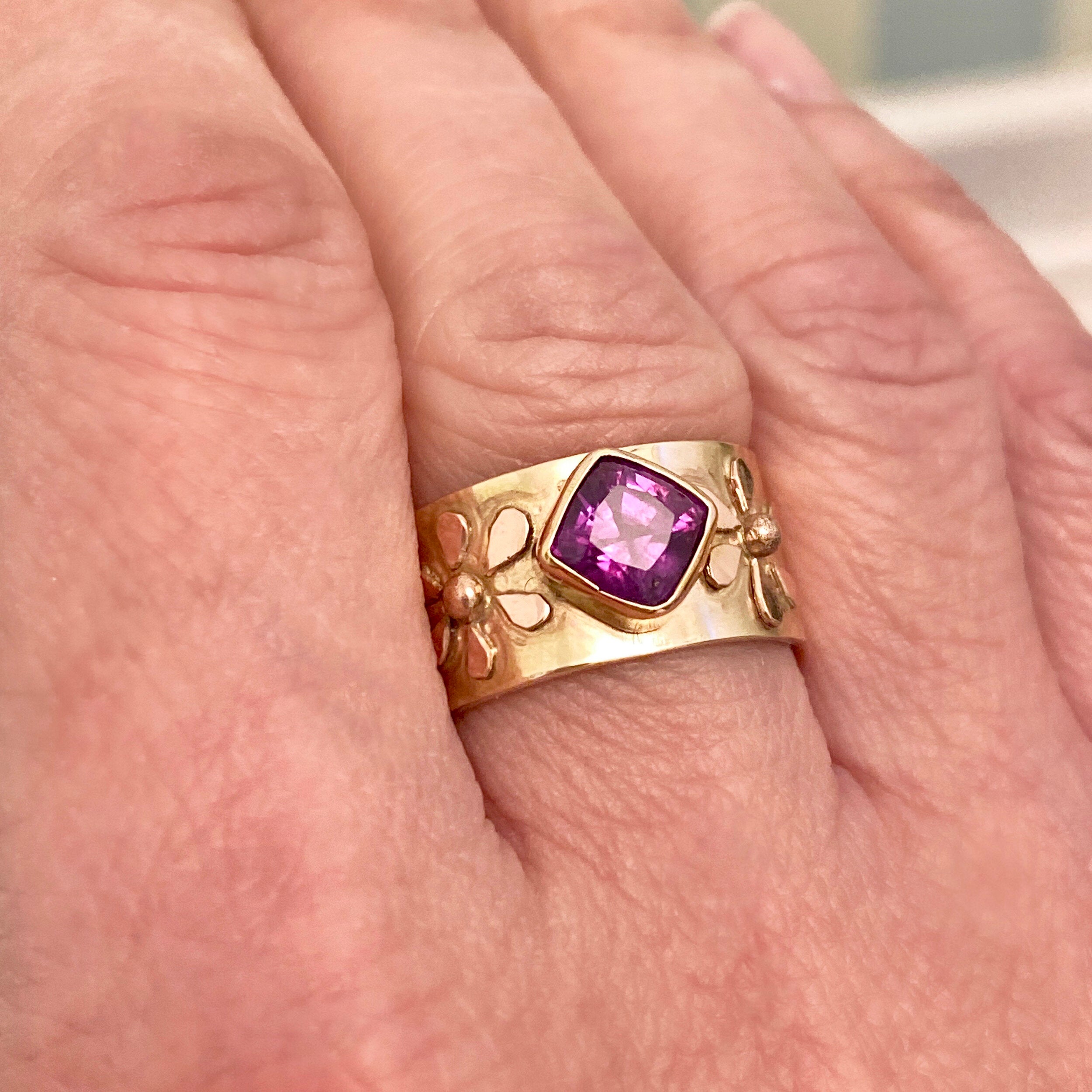 14K Sapphire Ring, Purple Sapphire Wide Flower Ring, One of a Kind